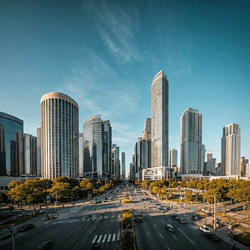 A dense skyline visualization illustrating large-scale urban terrain reconstruction.