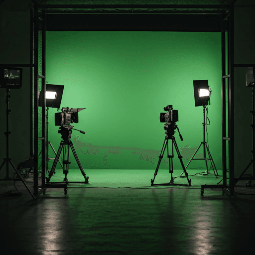 A green-screen virtual production stage prepared for cinematic scanning.